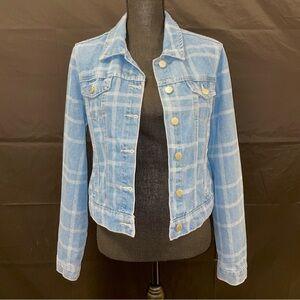 Ashley Vintage Charm - size Medium - blue denim jean jacket with pinstripe plaid